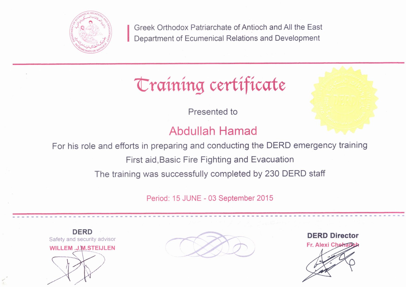 Certificate of experience (DERD) in the second season